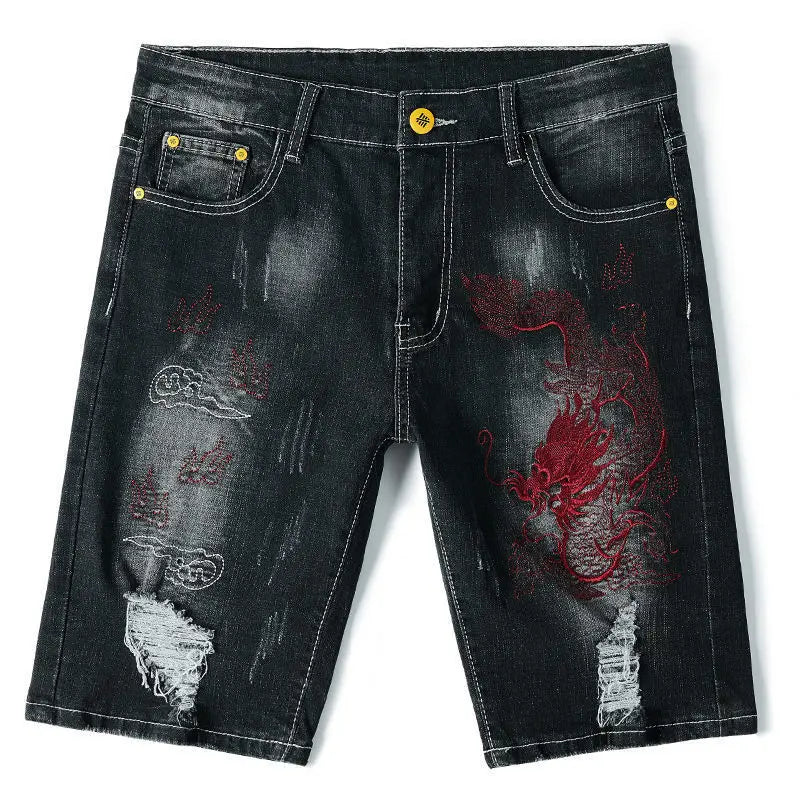 Summer Embroidered Eagle Denim Shorts Men's Summer Thin Fit Good Quality Ripped