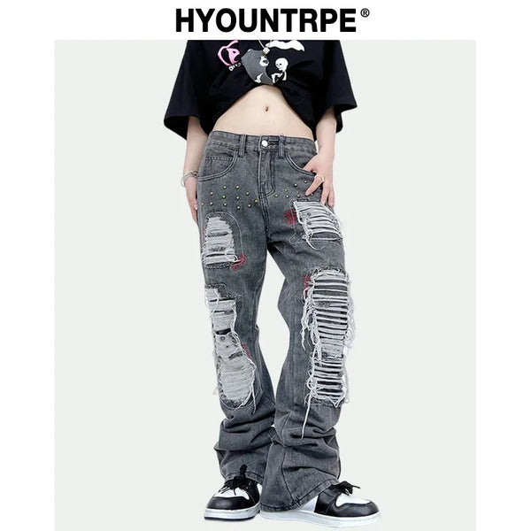 destroy ripped holes patchwork denim jeans men unisex casual rivet bottom zipper trousers jeans streetwear hip hop pants joggers casual joggers