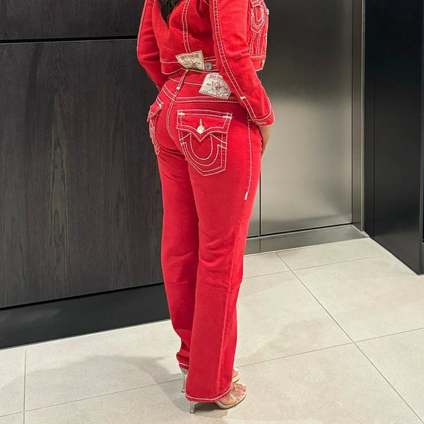 hip hop vintage red true faith embroidered jeans street gothic loose casual denim trousers couples baggy pants y2k clothes ripped baggy denim