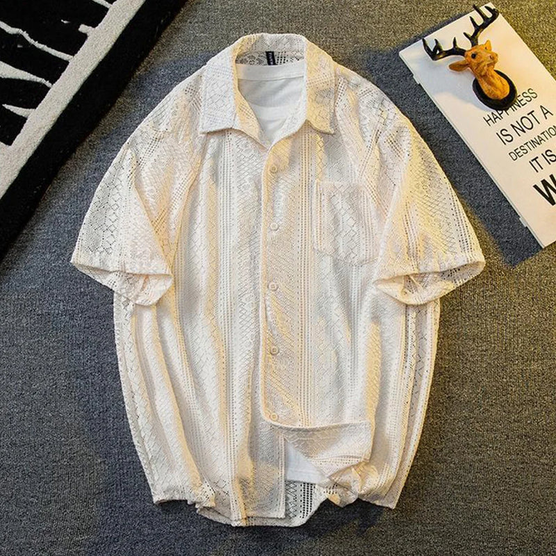 Mens Hollow Lace Elegant Short Sleeve Lazy Style Casual Breathable Personality Hollow Design Thin Shirt Unisex 2024 Summer New
