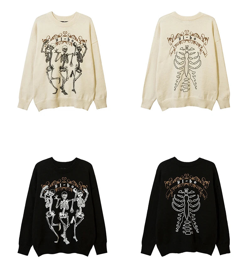 hip hop harajuku skeleton printed knitted sweater unisex pullover streetwear winter casual loose sweater warm jumpers knitwear - soft fleece-lined outerwear, Y2K grunge street style, unisex casual winter pullover