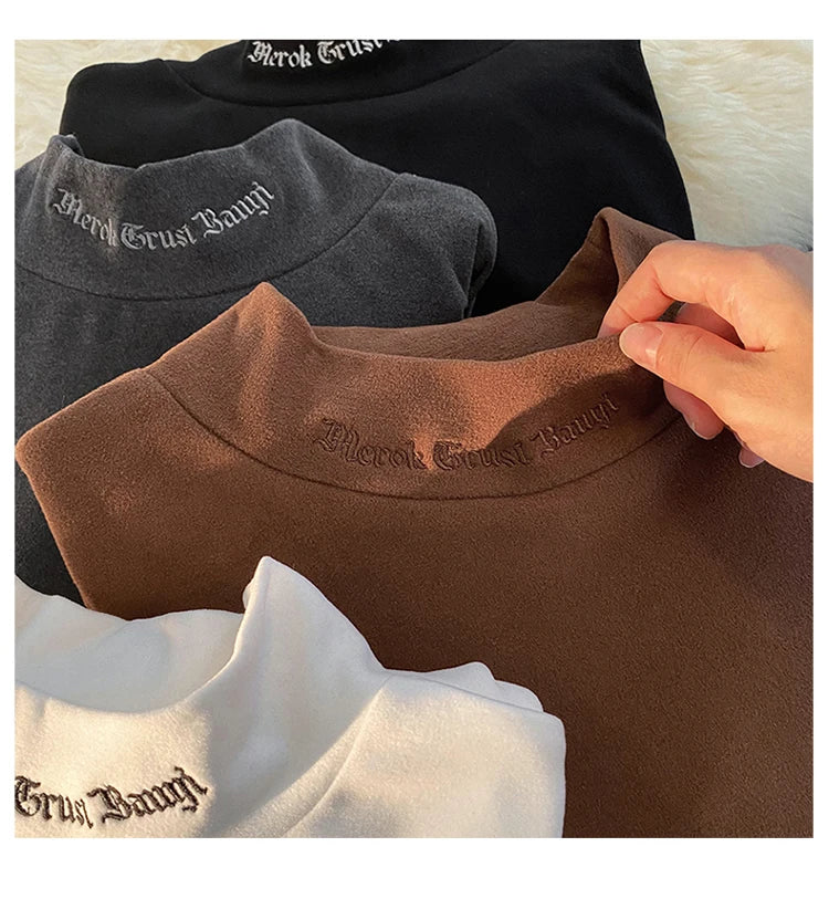 Autumn Winter Warm Classic Long Sleeve Bottoming Shirt Gothic Style Embroidery Half-high Neck Tops Loose T-shirt