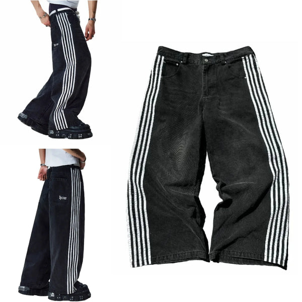 baggy jeans harajuku goth y2k jeans for men black striped new hip hop embroidered wide leg denim pants high street streetwear denim street jeans