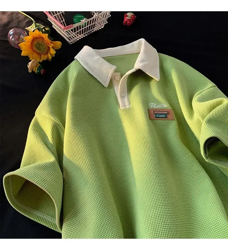 Hip Hop American Street Men and Women Trendy Personality Polo Shirt Short sleeved Summer Waffle Vintage Casual Tops harajuku y2k