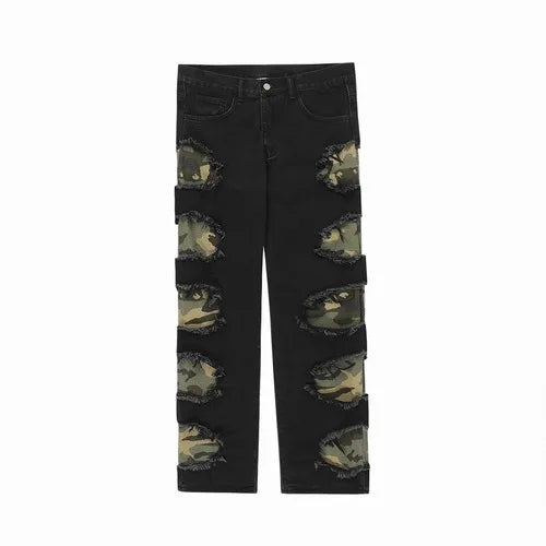side destroyed ripped holes denim jeans pants mens casual patchwork camouflage loose straight joggers hip hop streetwear jeans unique joggers style 4072