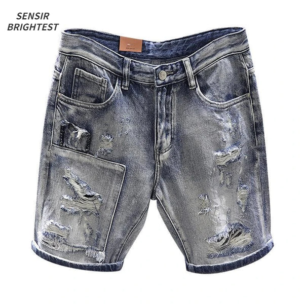 Light Blue Ripped Summer Denim Shorts Street Heavy Washed Destroyed Shorts Men