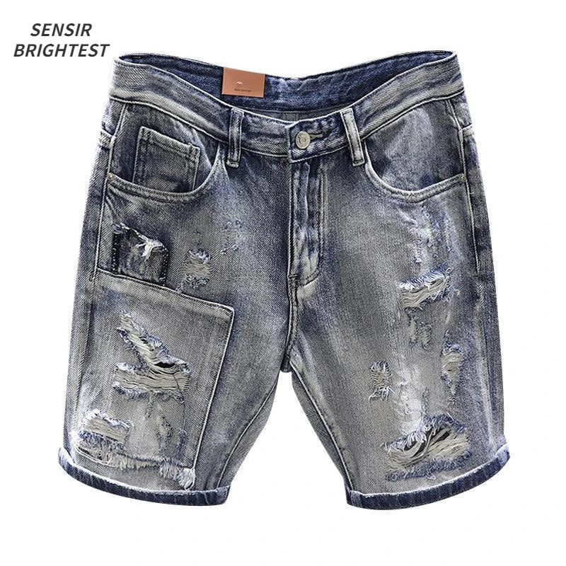 Light Blue Ripped Summer Denim Shorts Street Heavy Washed Destroyed Shorts Men