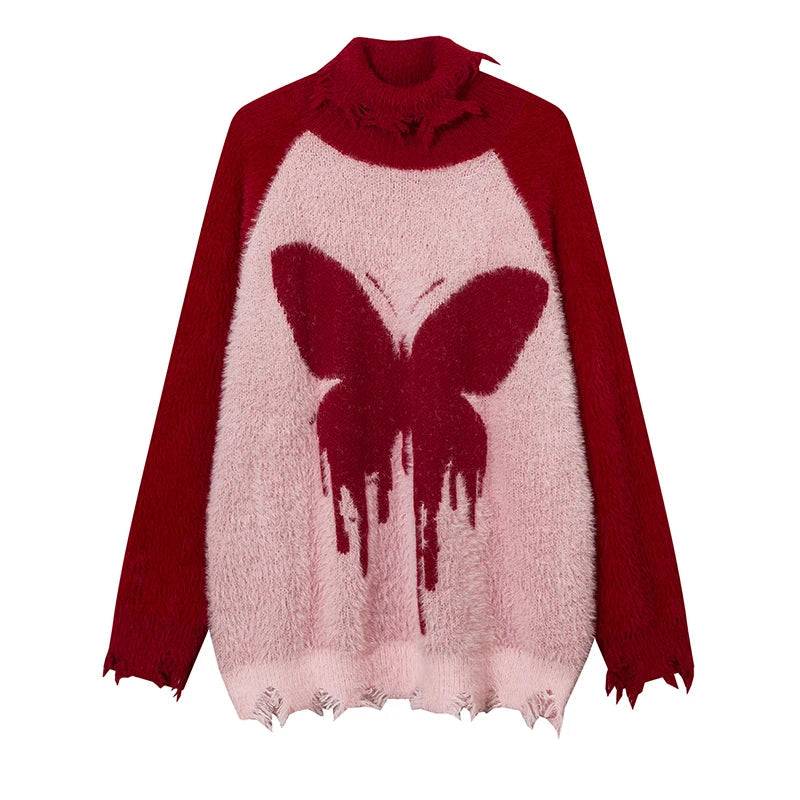 destroy ripped neck knitted sweater unisex butterfly pattern pullover long sleeve autumn winter warm sweaters streetwear jumpers - trendy hip hop fashion hoodie, graphic printed hoodie for men and women, high quality cotton hoodie