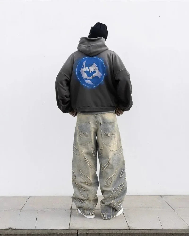 american gothic patchwork raw edge embroidered letter jeans mens street hip hop harajuku high waisted wide leg pants womens urban skinny jeans