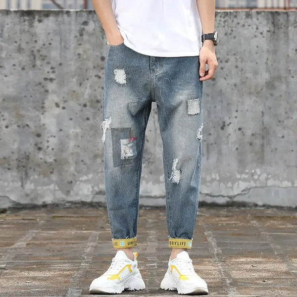 mens jeans with holes man cowboy pants cropped harem hip hop trousers 2024 korean style torn ripped broken retro classic pants urban skinny jeans