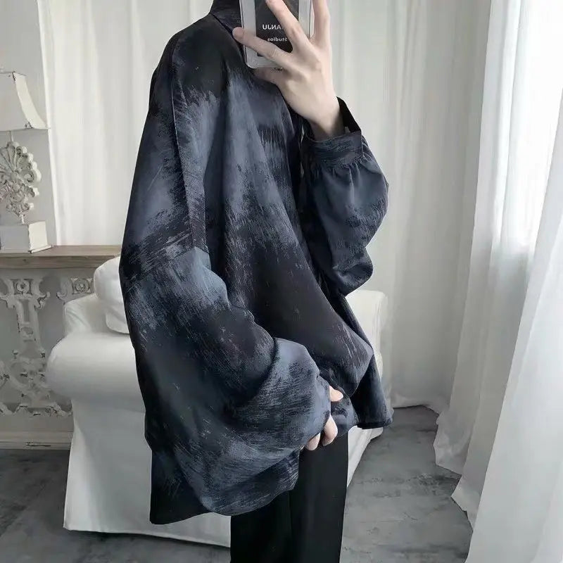 Tie dye loose shirt men long sleeved early autumn Korean version student ins men shirt dark abstinence