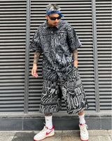 2 pieces sets mens fashion harajuku printed single breasted shirts and drawstring capris short pants joggers new streetwear sets unique joggers style 4433