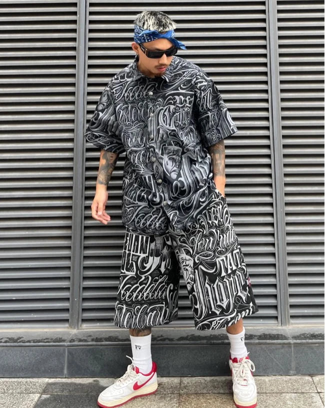 2 pieces sets mens fashion harajuku printed single breasted shirts and drawstring capris short pants joggers new streetwear sets unique joggers style 4433