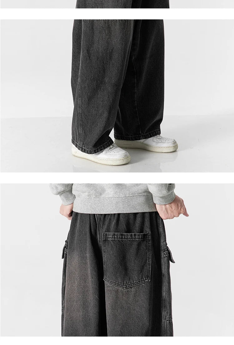 large size jeans basic denim pants solid color mens casual wide leg pants waist elastic hip hop baggy man trousers unique jeans style 388