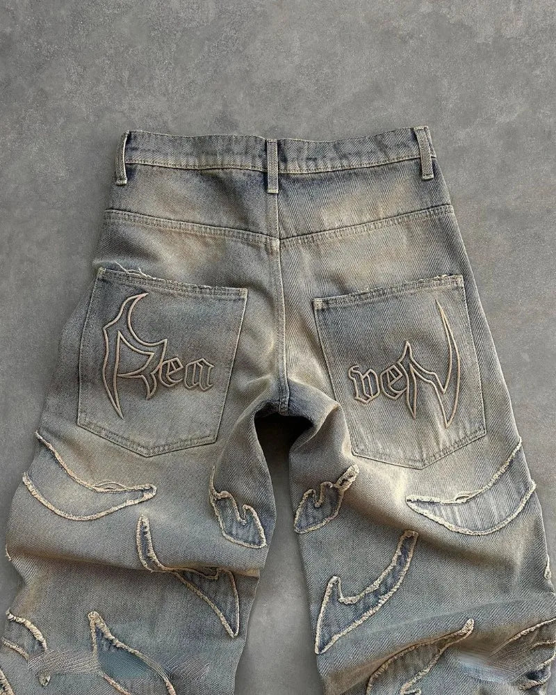 2023 american trendy gothic patchwork raw edge embroidered high waist jeans mens retro loose buttoned wide leg pants womens stacked flare jeans