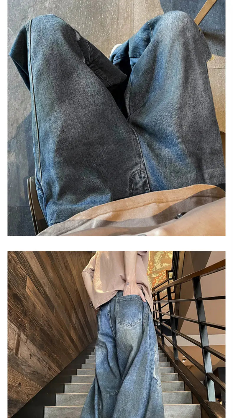 american style dirty and torn hole design straight leg wide leg jeans for men and women high street loose street casual pants unique jeans style 662