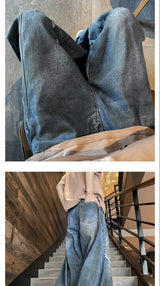 american style dirty and torn hole design straight leg wide leg jeans for men and women high street loose street casual pants unique jeans style 662