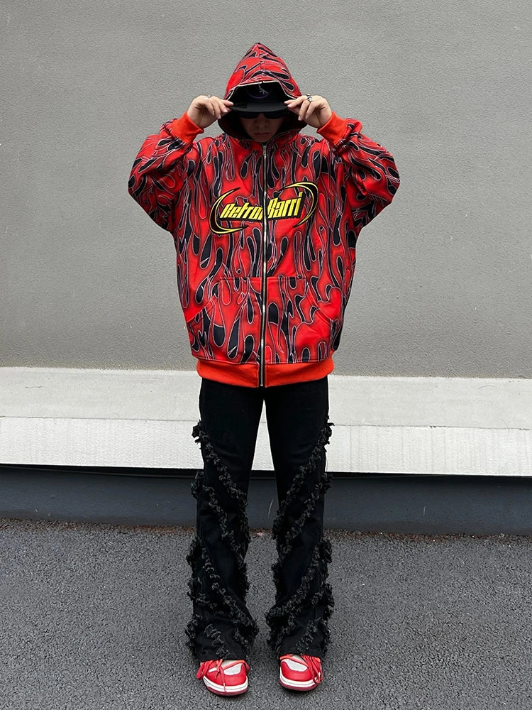 sadcore melting smiley featuring mens harajuku fire printed hoodies unisex hip hop y2k full zipper sweatshirt streetwear casual hooded warm loose tops hoodies
