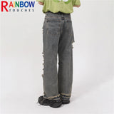 rainbowtouches 2022 men washed jeans vintage high street hole design fashion jeans popular loose straight hip hop long pants denim street jeans