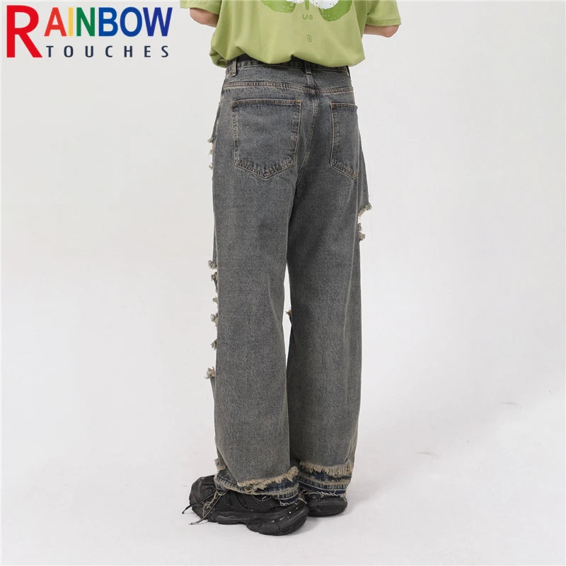 rainbowtouches 2022 men washed jeans vintage high street hole design fashion jeans popular loose straight hip hop long pants denim street jeans