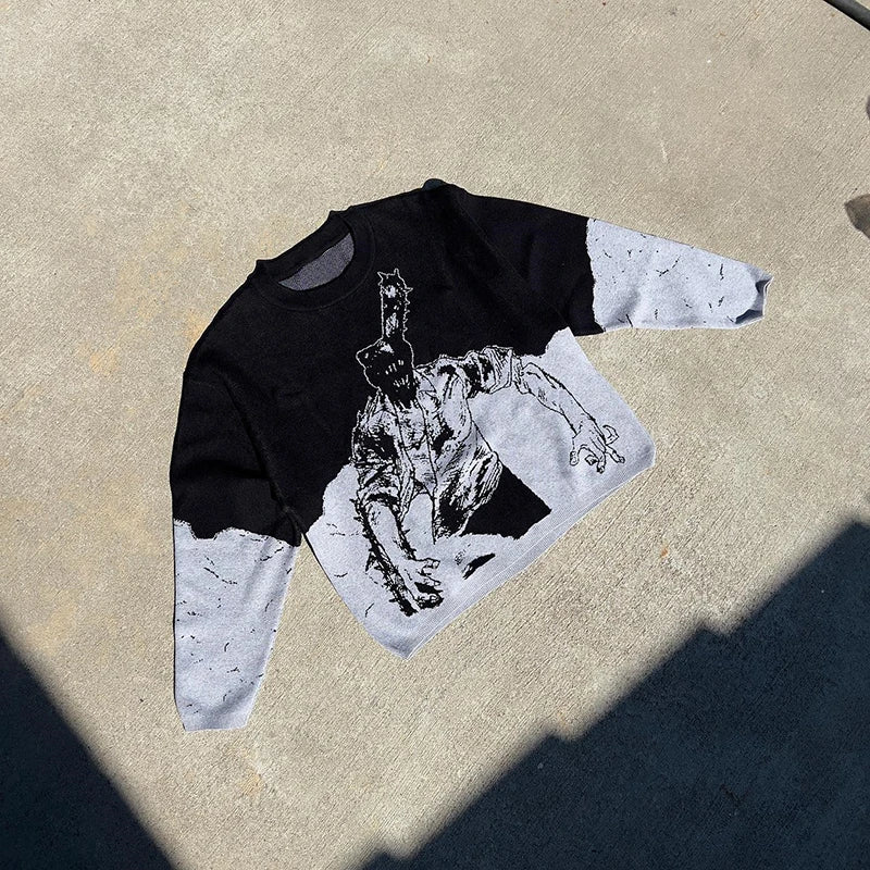 techwear street knit hoodie with oversized flame detail for urban fall winter outfits, street fashion menswear trend for seas