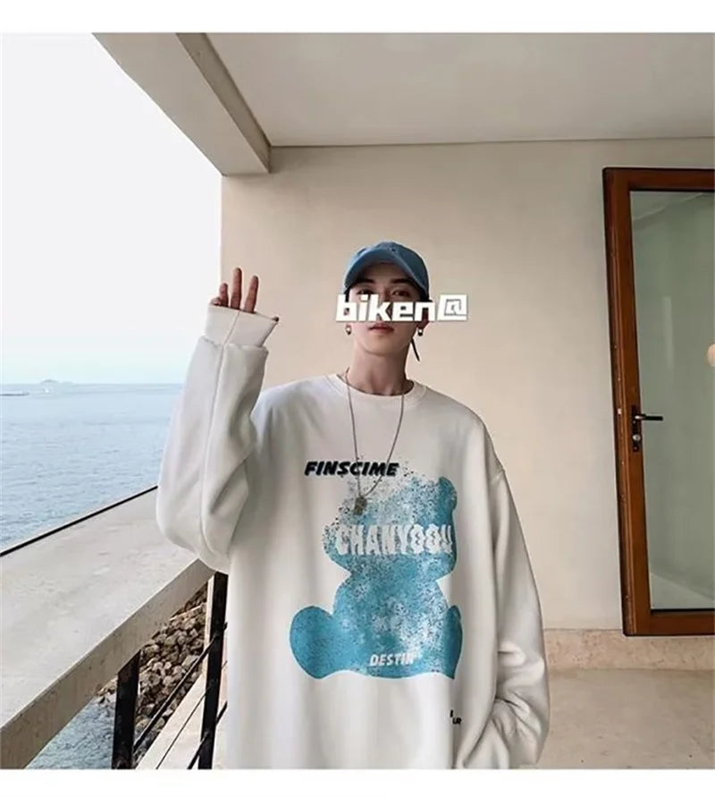 Graphic Blue Bear Kawaii Print Pullovers Hoodies For Men Autumn Fleece