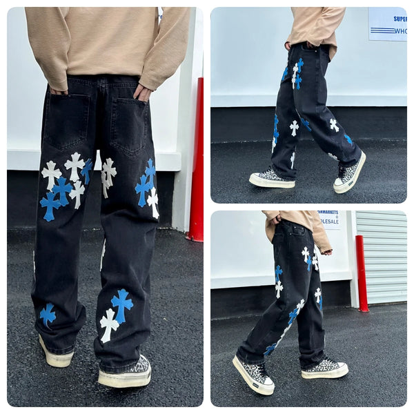 men embroidery streetwear brand fashion hip hop loose casual straight motorcycle denim jeans pant cityboy y2k jeans trousers denim street jeans