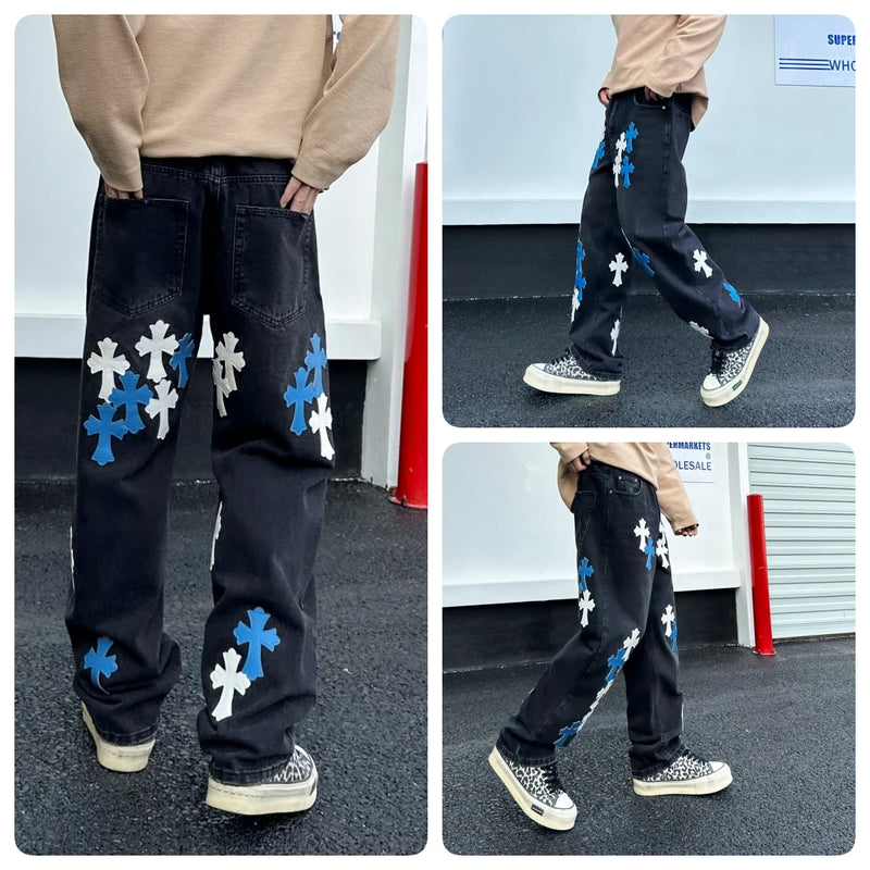 men embroidery streetwear brand fashion hip hop loose casual straight motorcycle denim jeans pant cityboy y2k jeans trousers denim street jeans