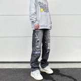 high street black washed straight jeans lowrise hip hop ripped jeans pants for men baggy vintage fashion wide denim pants women ripped baggy denim