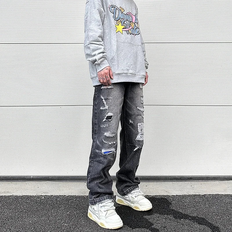 high street black washed straight jeans lowrise hip hop ripped jeans pants for men baggy vintage fashion wide denim pants women ripped baggy denim