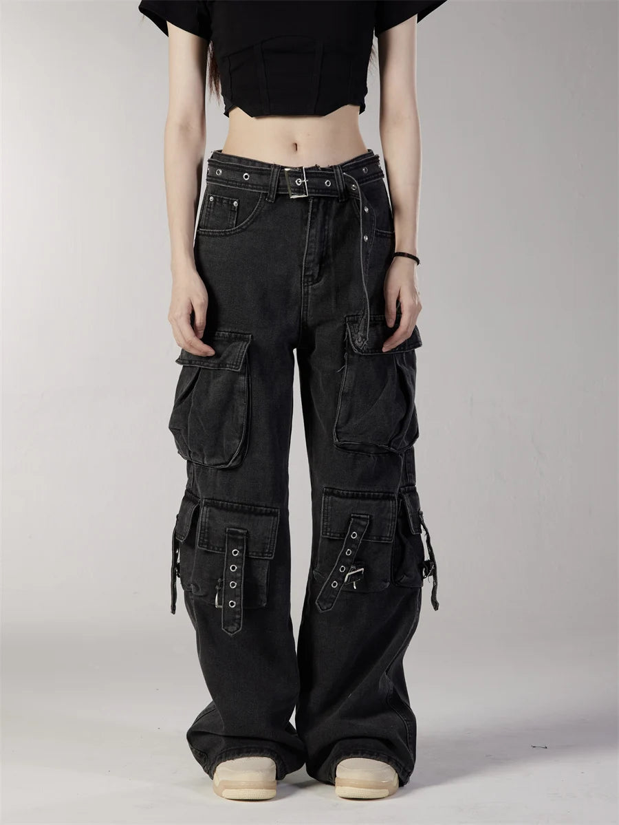 fashion loose streetwear cargo denim jeans unisex casual multi pocket straight jean pants with belt hip hop joggers baggy jeans unique joggers style 3713