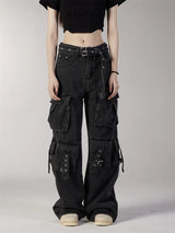 fashion loose streetwear cargo denim jeans unisex casual multi pocket straight jean pants with belt hip hop joggers baggy jeans unique joggers style 3713