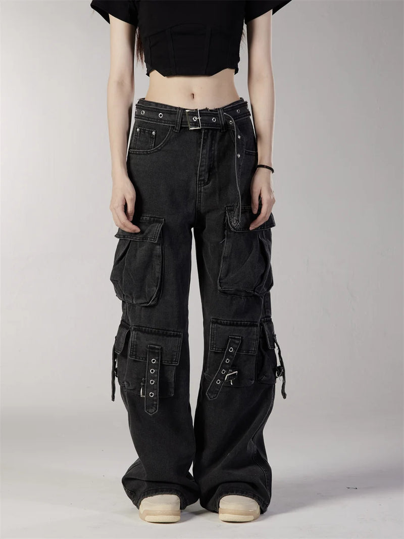 fashion loose streetwear cargo denim jeans unisex casual multi pocket straight jean pants with belt hip hop joggers baggy jeans unique joggers style 3713