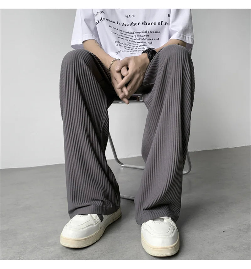 summer texture straight pants for men korean fashion baggy wide leg trousers casual drape pleated striped y2k pantalones hombre unique default style 491