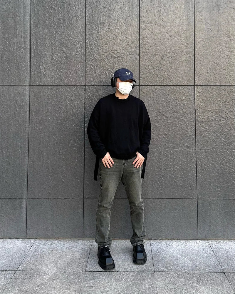 leather varsity streetwear knit with bold stitching, fall/winter pullover for urban outfits, men’s streetwear clothing piece 