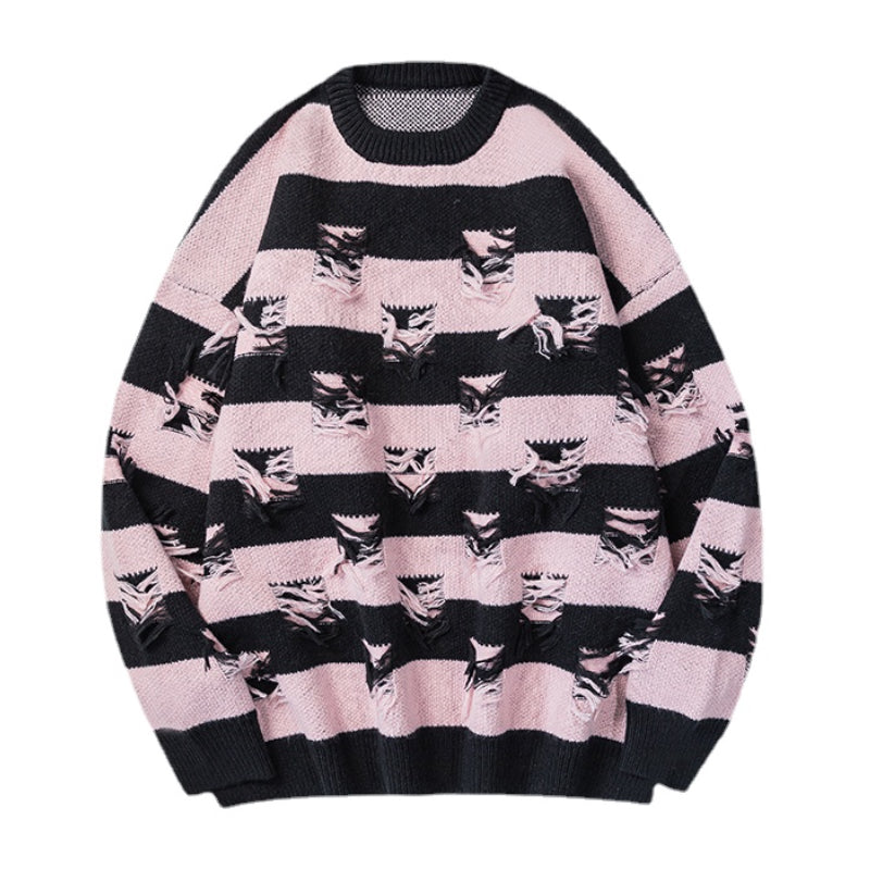 hip hop destroyed ripped holes knitted sweater mens casual striped pullover sweater unisex harajuku streetwear new autumn jumper - high quality cotton hoodie, gothic aesthetic hoodie for winter, urban fashion pullover