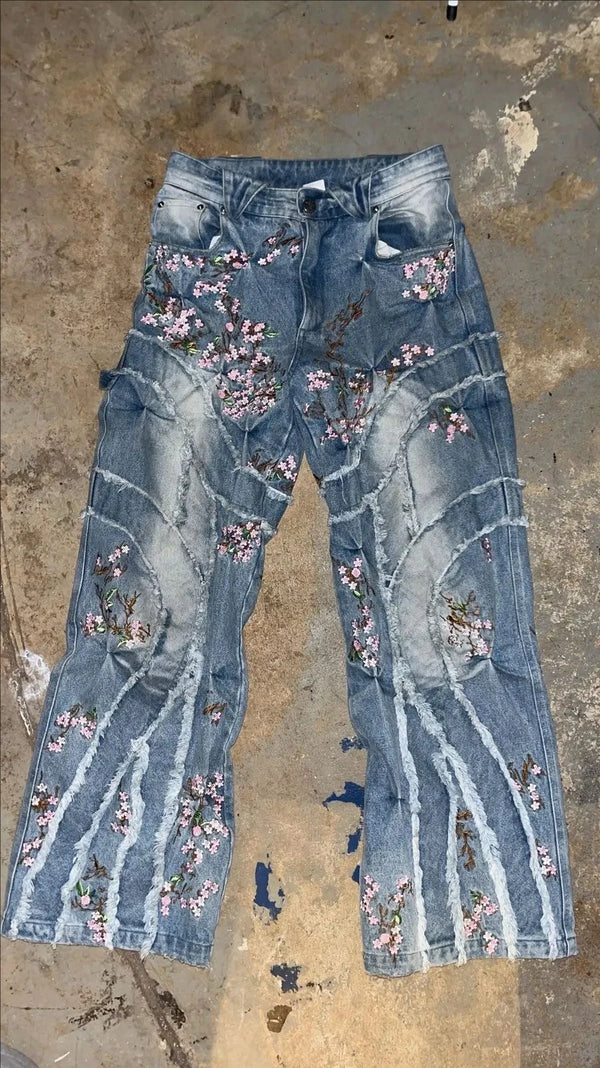 blue jeans for women y2k harajuku hip hop sakura embroidery retro patch heavy baggy jeans high waist wide leg trouser streetwear stacked flare jeans