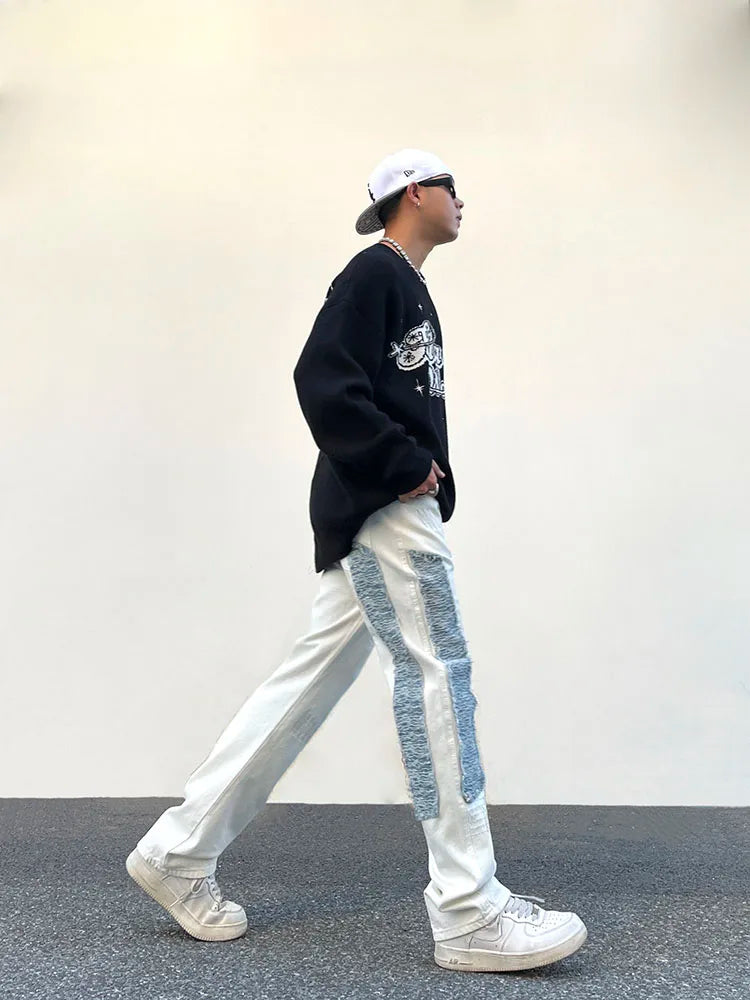 irregular sewing scratched patchwork denim jeans men casual straight biker zipper trousers streetwear hip hop jean pants joggers unique joggers style 3578