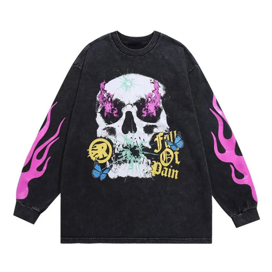 Cyberpunk Graphic Tee – Harajuku Skeleton Fire Printed Retro Distressed Washed T Shi – Urban Streetwear for Men & Women