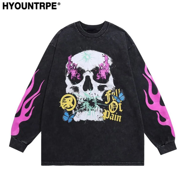 Cyberpunk Graphic Tee – Harajuku Skeleton Fire Printed Retro Distressed Washed T Shi – Urban Streetwear for Men & Women