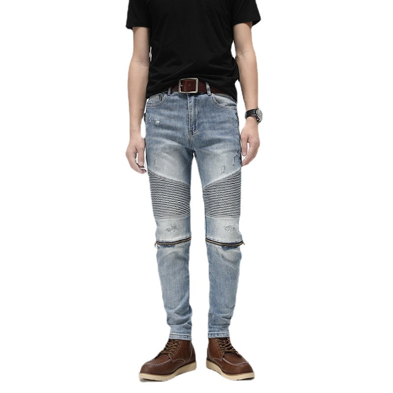 knee zipper patchwork pleated skinny denim jeans men casual slim biker trousers jeans fashion streetwear hip hop pants joggers unique joggers style 1131