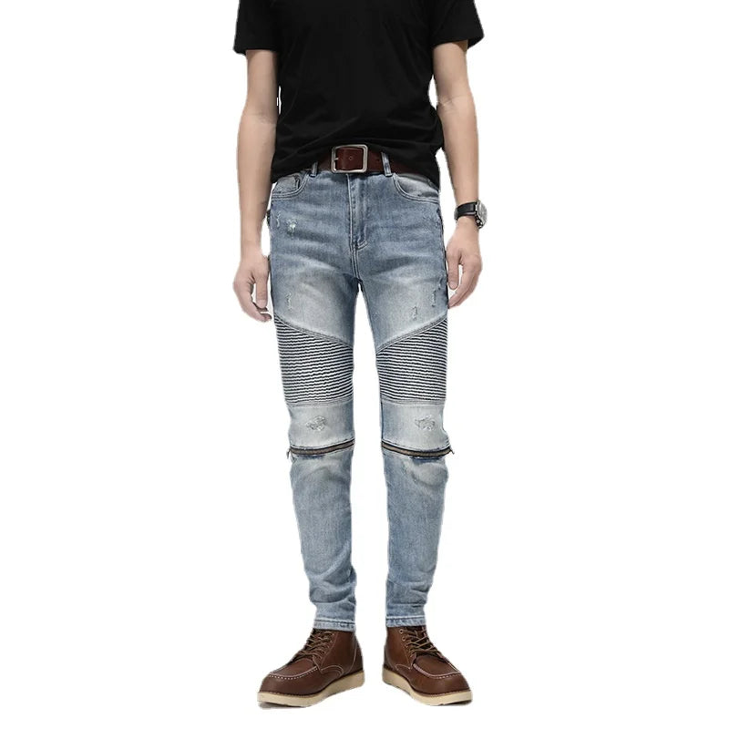 knee zipper patchwork pleated skinny denim jeans men casual slim biker trousers jeans fashion streetwear hip hop pants joggers unique joggers style 1127