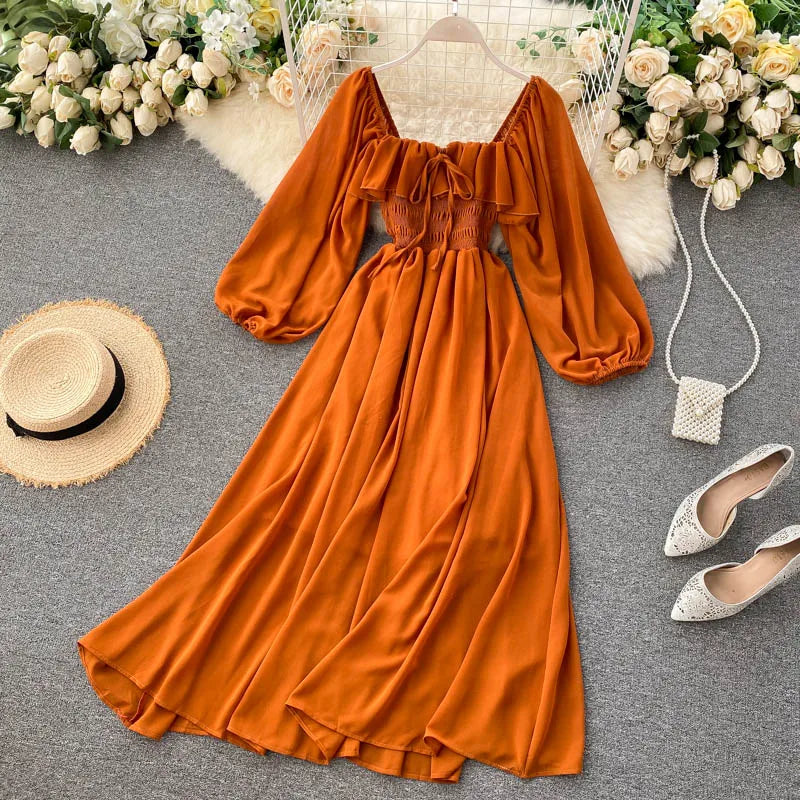 Chic Elegant Square Collar Maxi Dress Women Solid Chiffon Puff Sleeve Dresses 2023 Korean Fashion Vintage Ruffle Vestidos