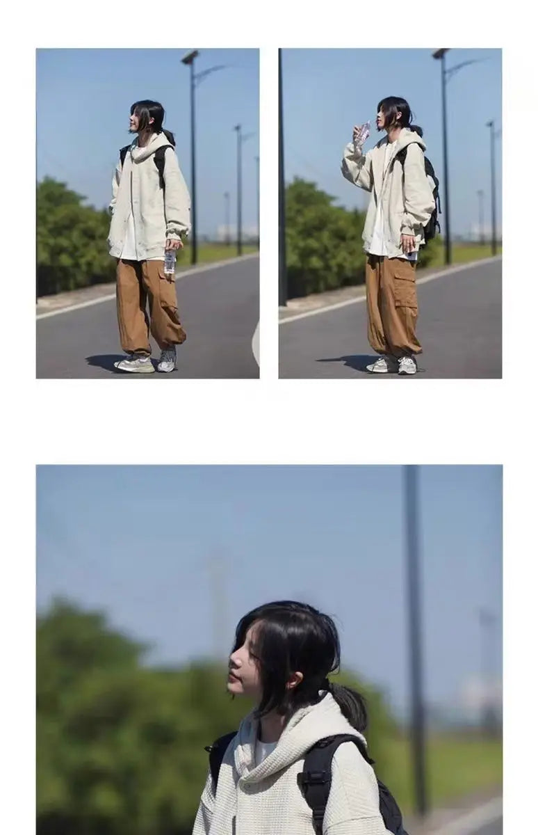 Korean Retro Y2K Waffle Hooded Jacket for Men and Women Ins Harajuku Style Casual Loose