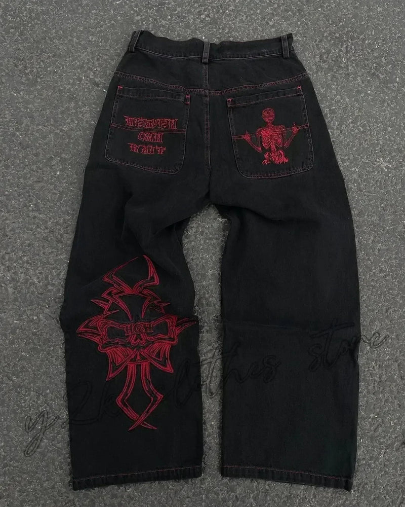 baggy jeans harajuku goth y2k jeans for men black striped new hip hop embroidered wide leg denim pants high street streetwear unique jeans style 276
