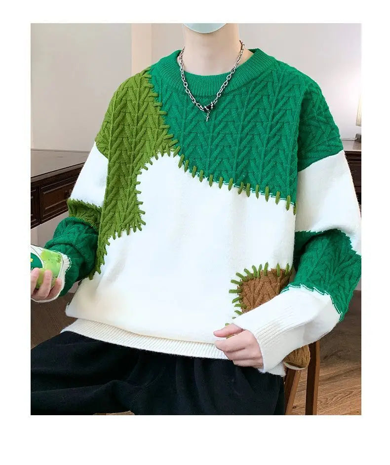 varsity flame knitwear, statement sweater, cozy knitwear for men, oversized grunge aesthetic winter top