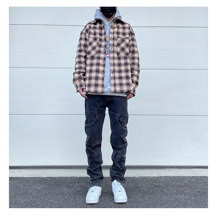 Mens Plaid Shirts New Fashion Single Breasted Hip Hop Loose Shirts Autumn Winter Casual Long Sleeve High Street Streetwear