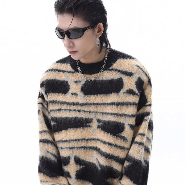 japanese hip hop sweater set men contrast zebra pattern round neck knit top splicing distressed loose jeans 2 pcs harajuku suit stacked flare jeans