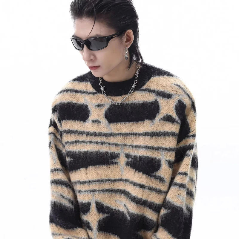 japanese hip hop sweater set men contrast zebra pattern round neck knit top splicing distressed loose jeans 2 pcs harajuku suit stacked flare jeans