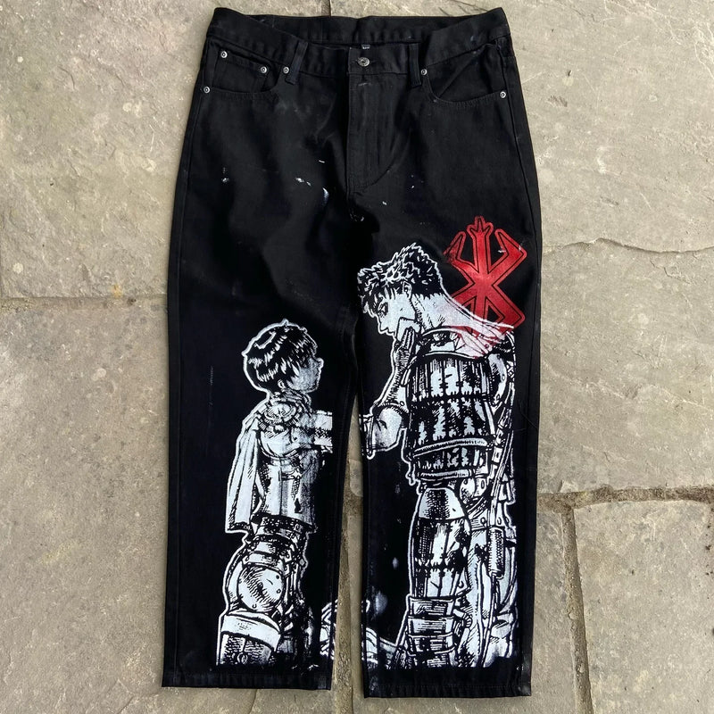 harajuku popular anime kokushibo print baggy jeans new style wide leg trouser y2k streetwear for men women high waist pants unique jeans style 4321